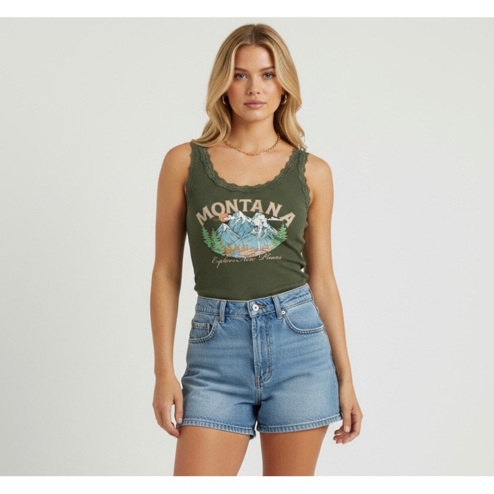 NEW Montana Graphic Size Medium Lace Trim Ribbed Tank Top Olive Green